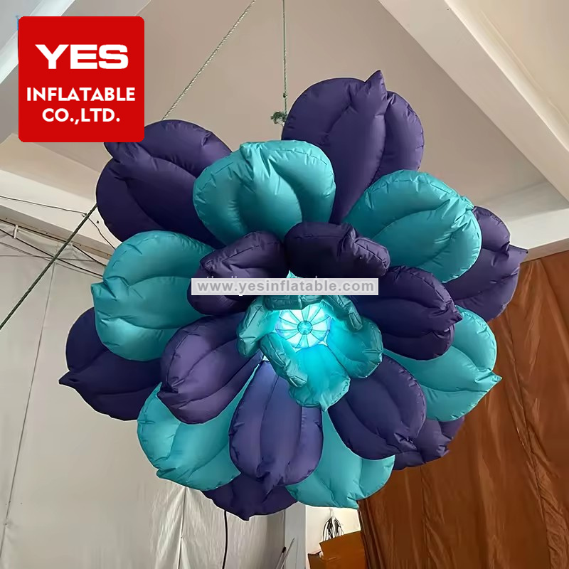 Beautiful Inflatable Flower Model Bule Hanging Inflatable Camellia With Led Light