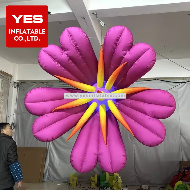 Customized Large Blooming Hanging Led Pink Inflatable Flower