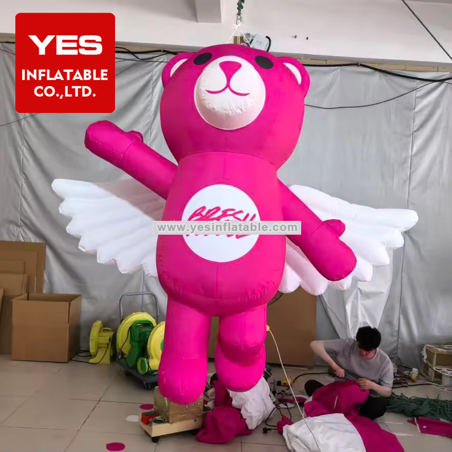 New Design Inflatable Mascot Model Hanging Inflatable Pink Bear With Wings