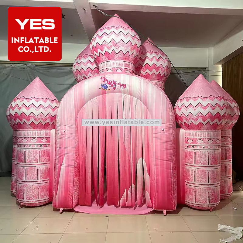 Pink Inflatable Arch Waterproof Oxford Cloth Inflatable Castle Arch With Colored Ribbons