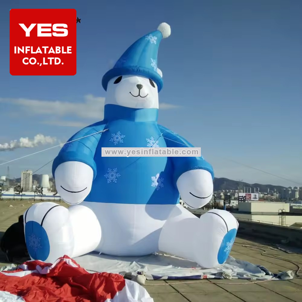 Cute Giant Christmas Decoration Blue Clothes Hat White Inflatable Polar Bear