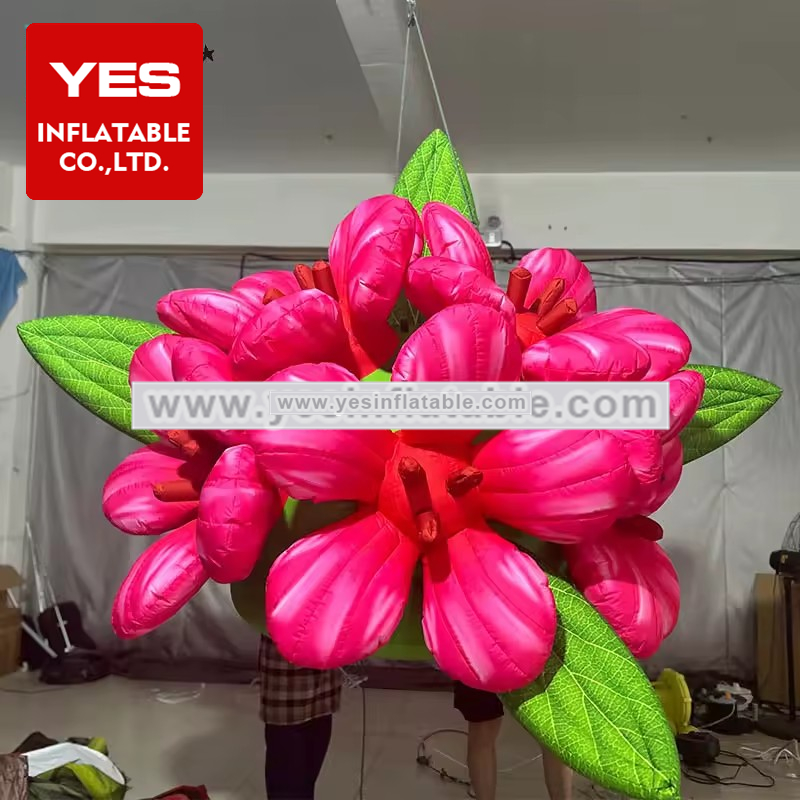 stage club ceiling hanging decoration pink hydrangea inflatable giant light up flowers and   greenery