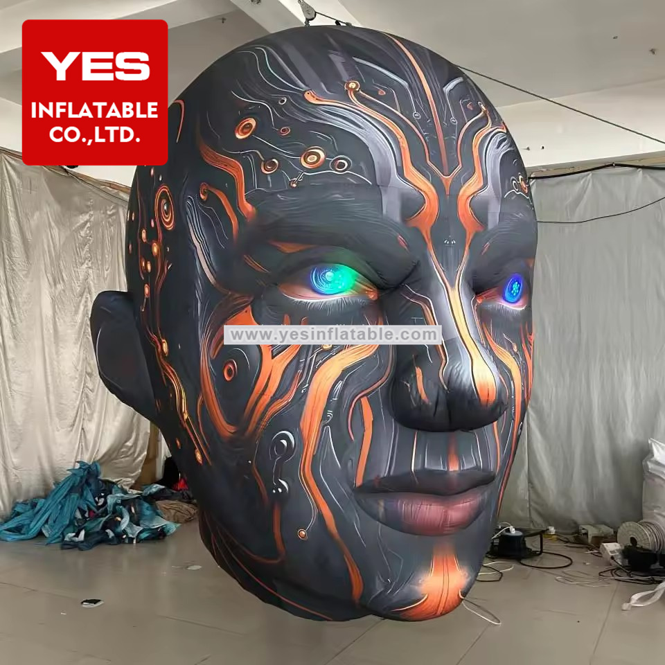 LED Lighted Eyes Giant Inflatable Black AI Robot Human Head for Music festival decoration