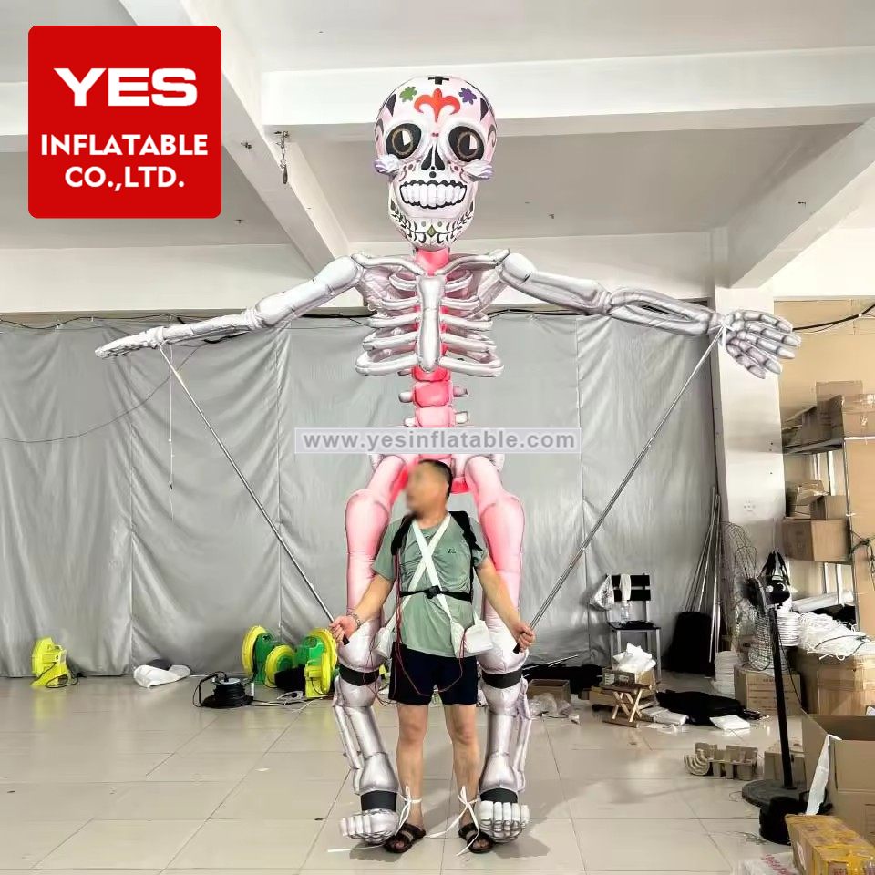 Halloween Parade Walking Inflatable Human Skeleton Puppet Inflatable Skull Costume With Led Light