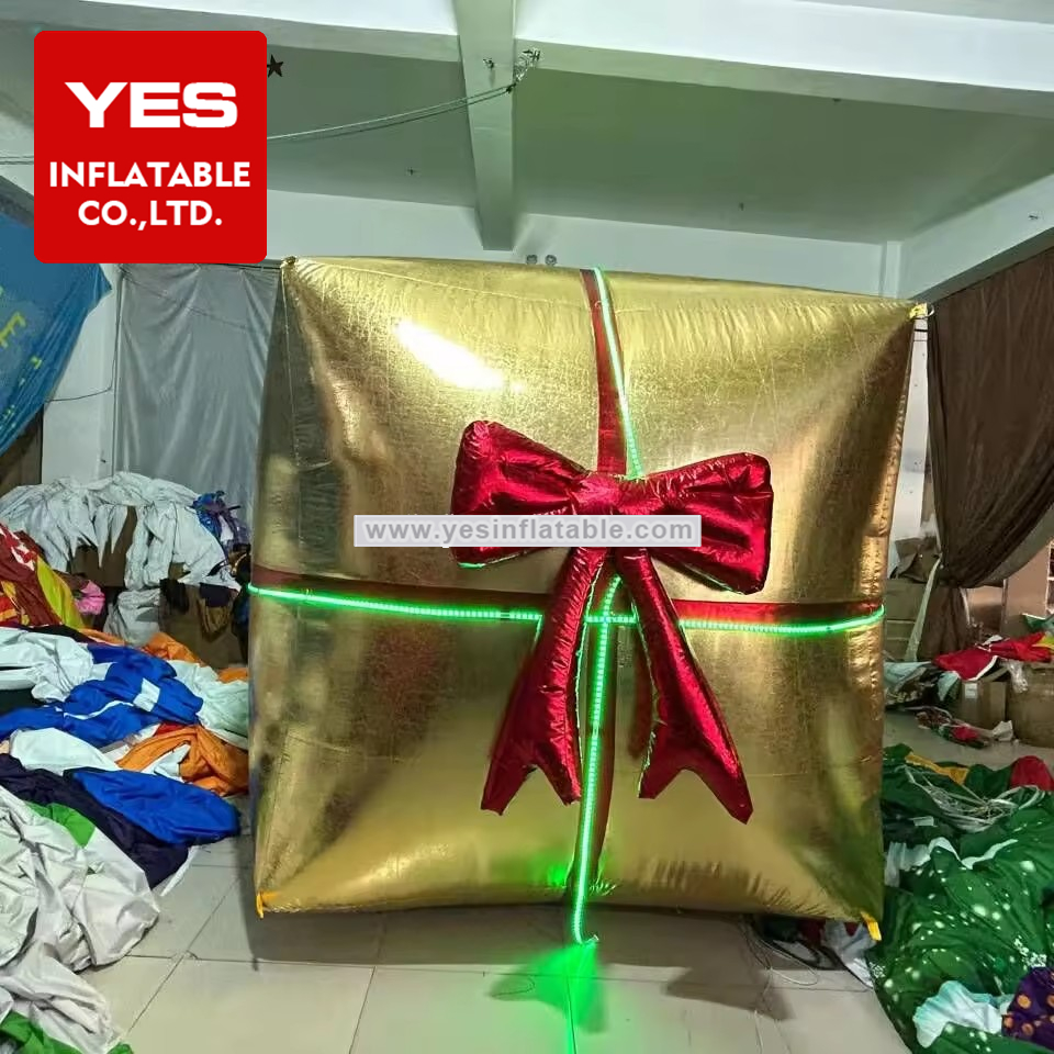 Custom Christmas Inflatable Led Box Decoration Glod Box Red Bowknot Inflatable Gift Box